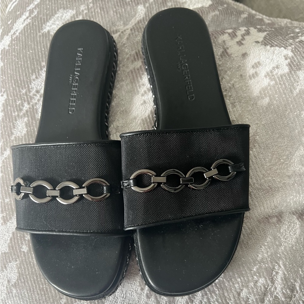 Karl Lagerfeld Black Chain Slide Sandals - Size 6.5